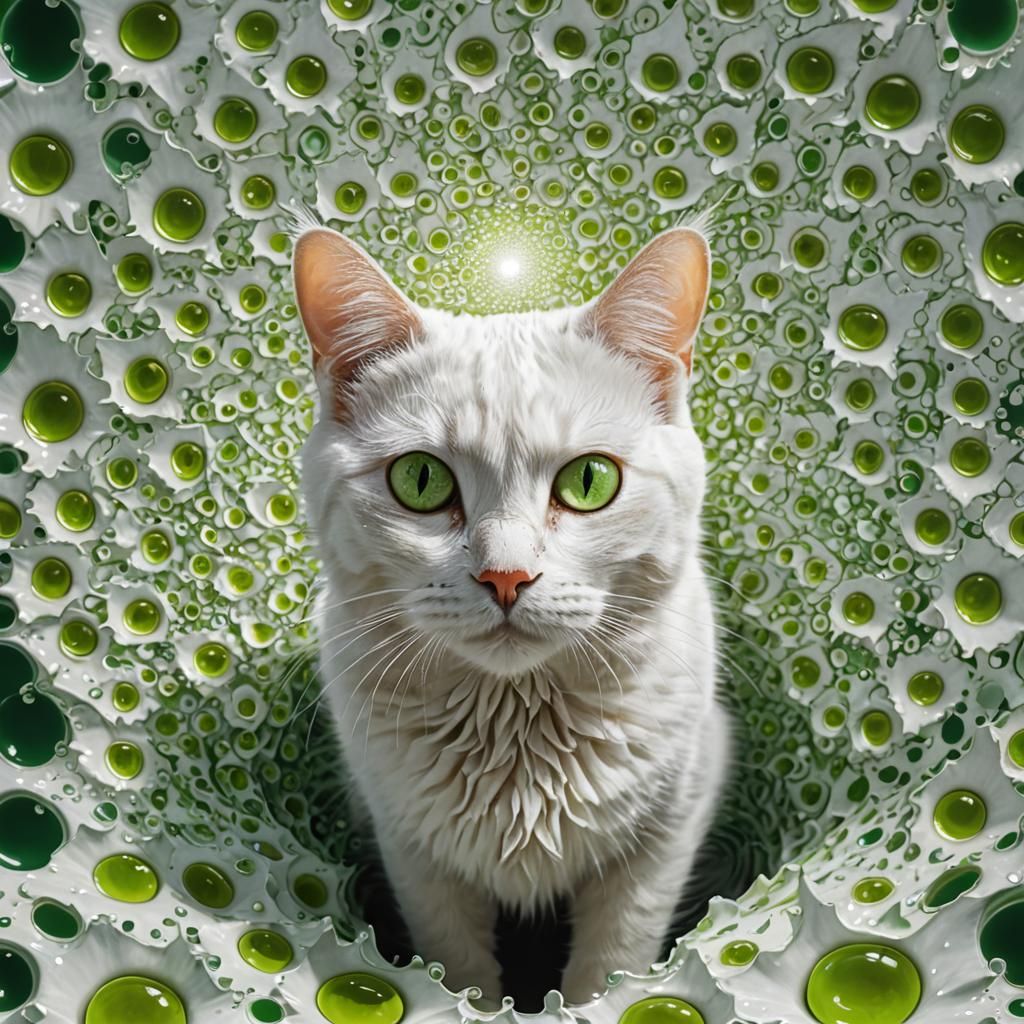 Mandelbrot en fractals met een mooie witte kat met groene og...
