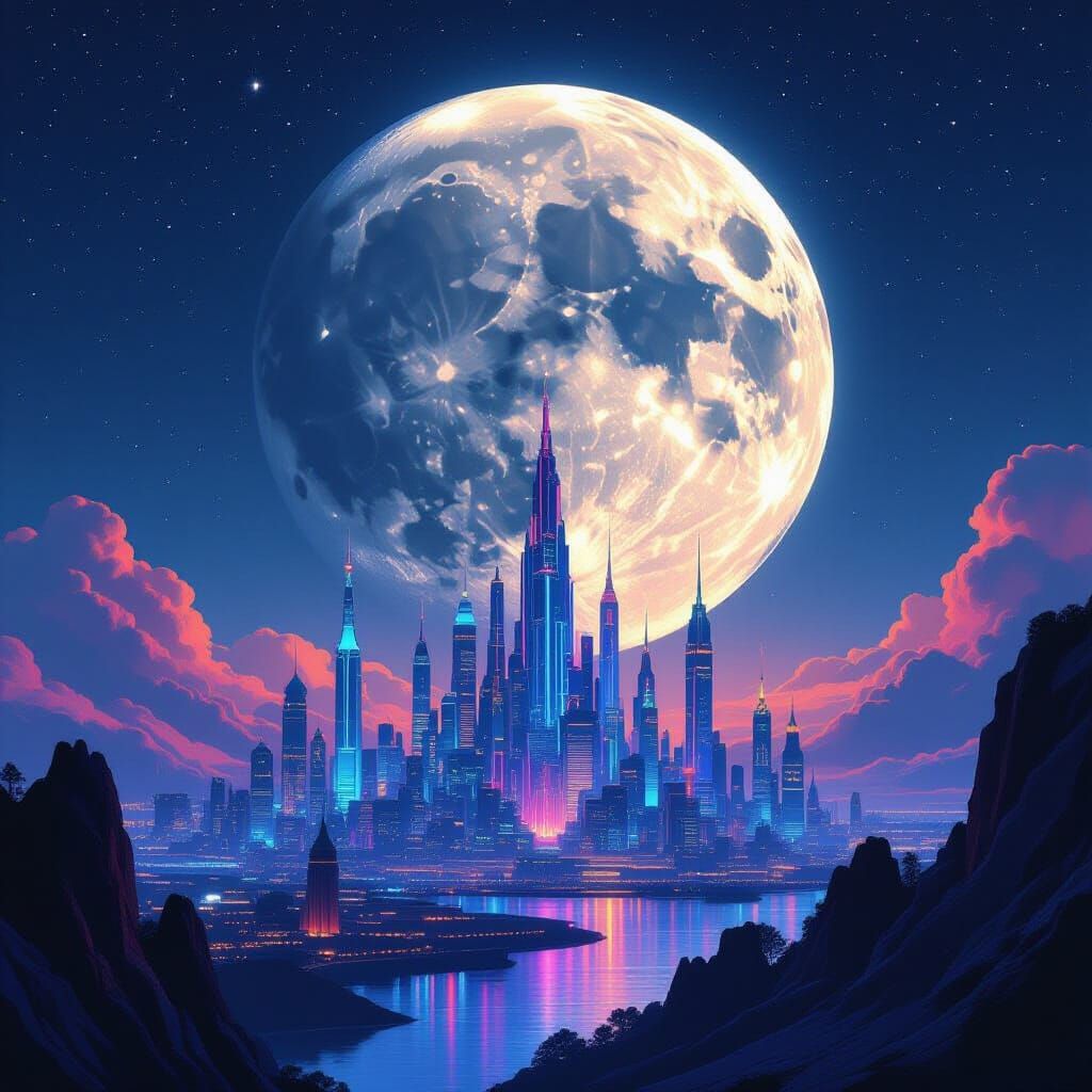 Luminous Moon City with Iridescent Spires