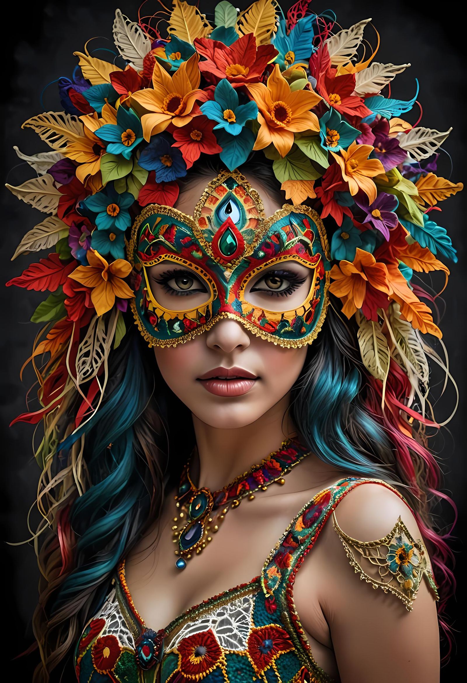 Woman with Colorful Crocheted Mask in HDR