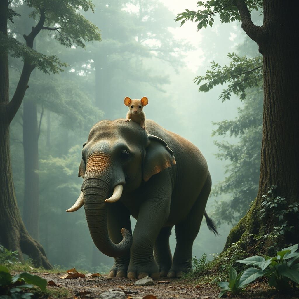 Mouse Riding Elephant in Forest