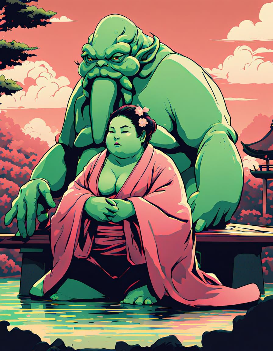 Fat Green Sumo Cthulhu in Zen Garden