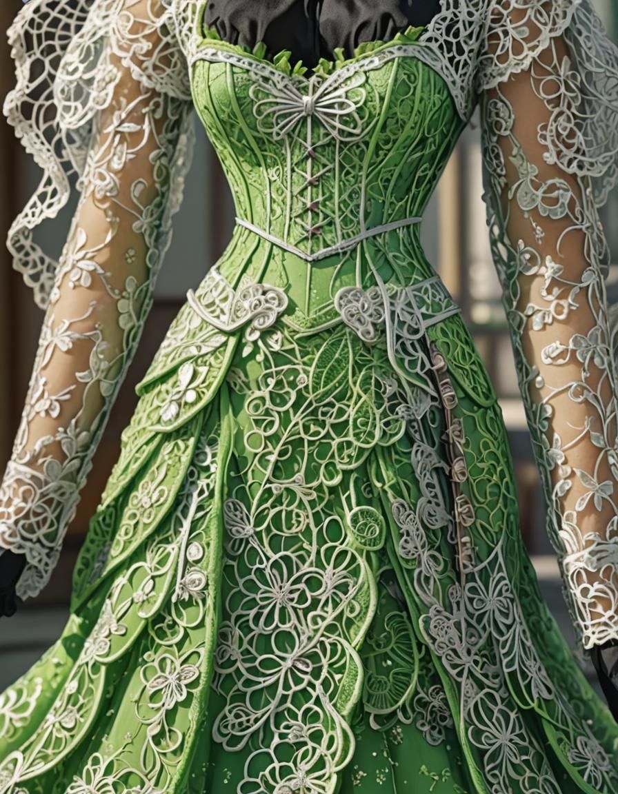 Detailed Green Lacey Dress in Anime Style