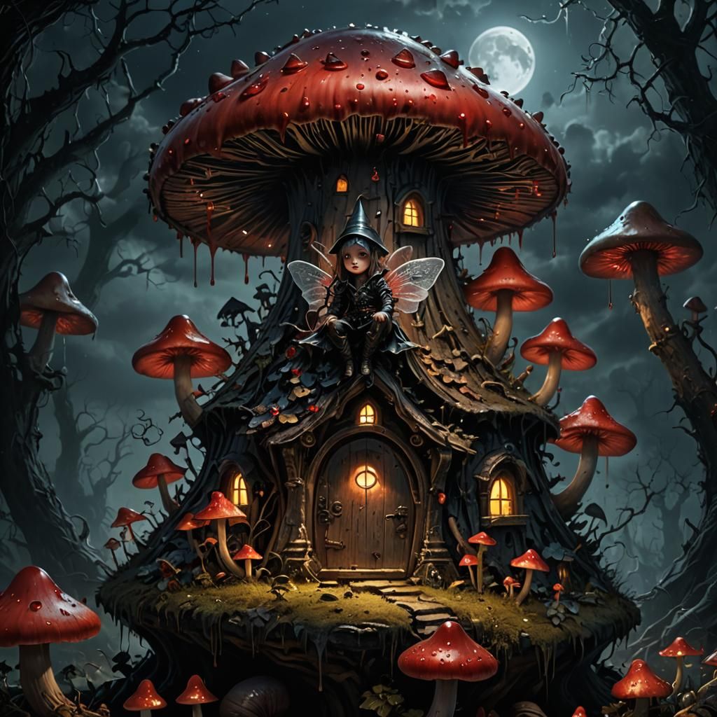Evil Fairy on Haunted Mushroom House in Macro