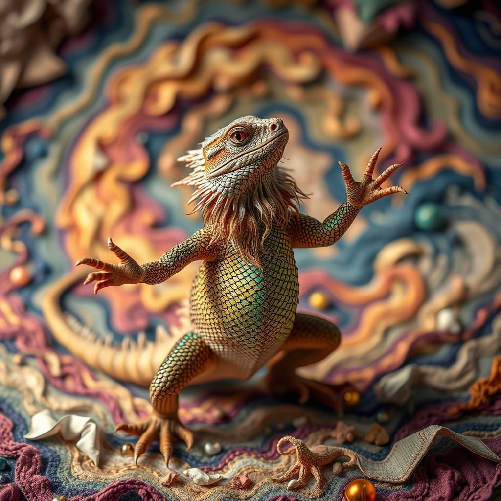 Surreal Bearded Dragon Dances in Colorful, Handwoven Tapestr...