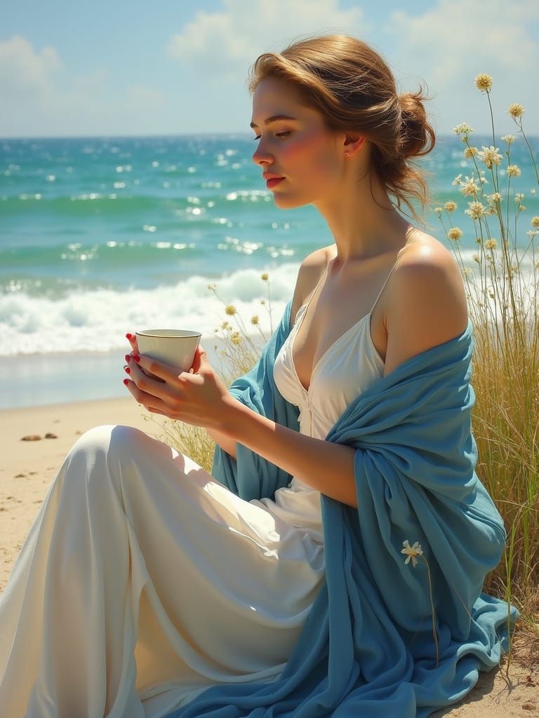 Elegant Woman Having Tea on a Serene Beach