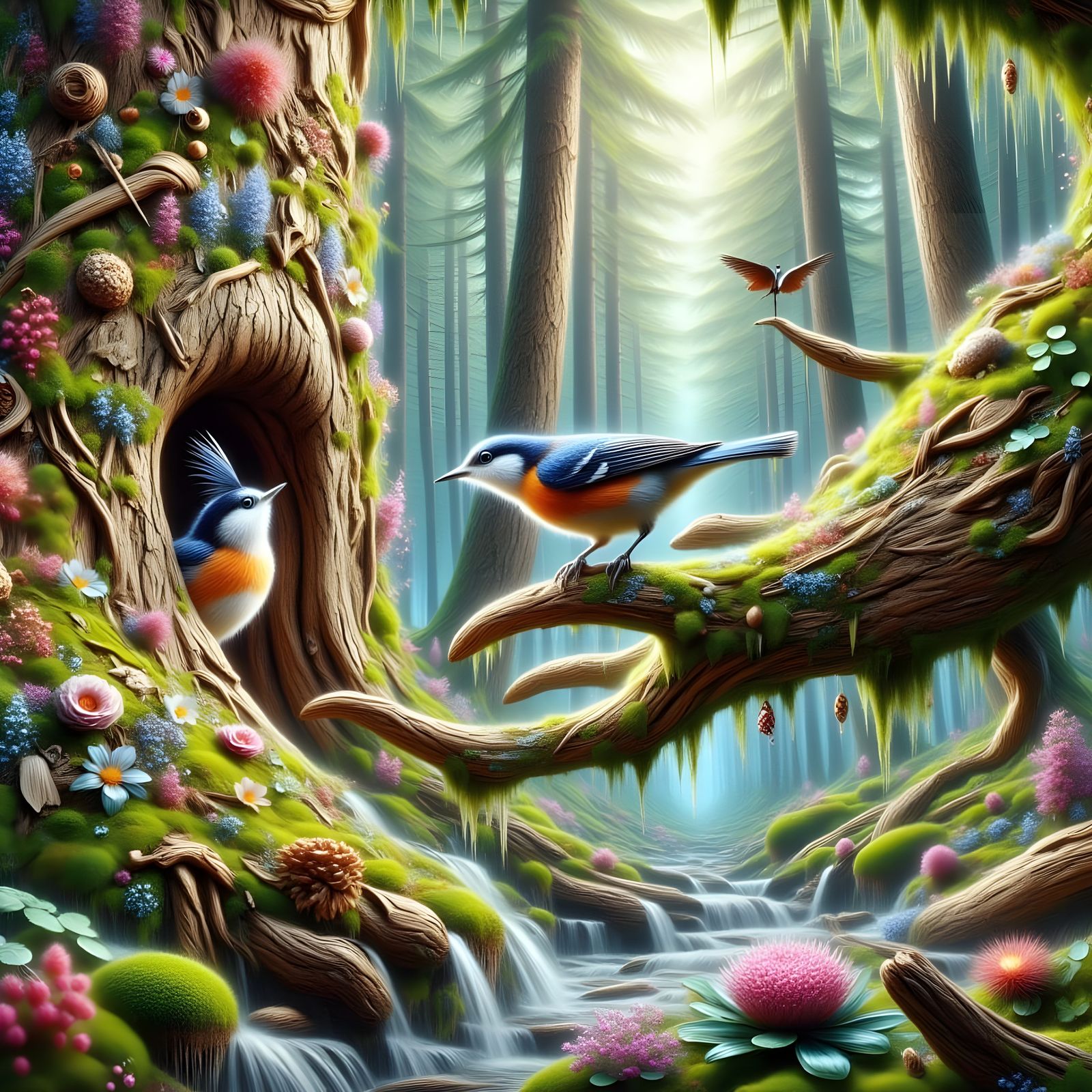 Nuthatch Pair on Mossy Tree Bark, Impasto Oil Painting