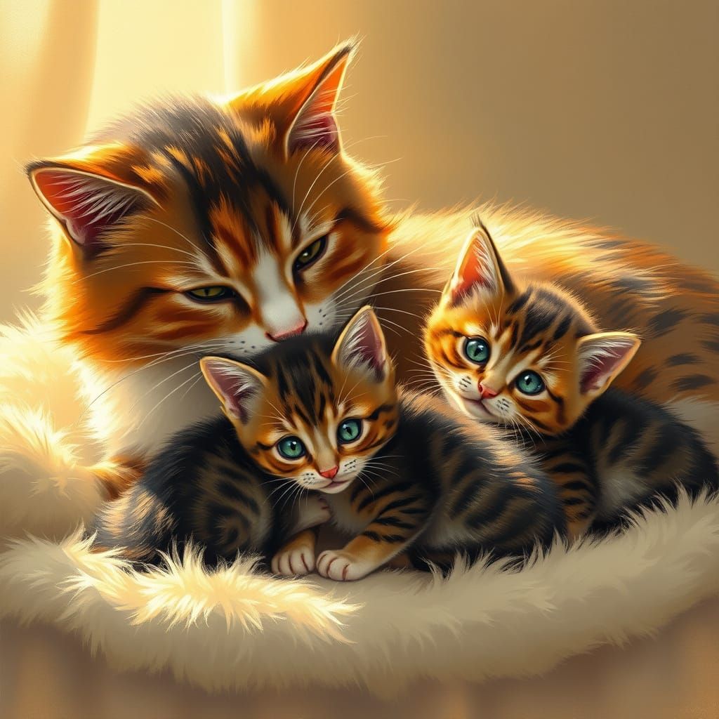 Cozy Calico Cat and Kittens in Golden Light