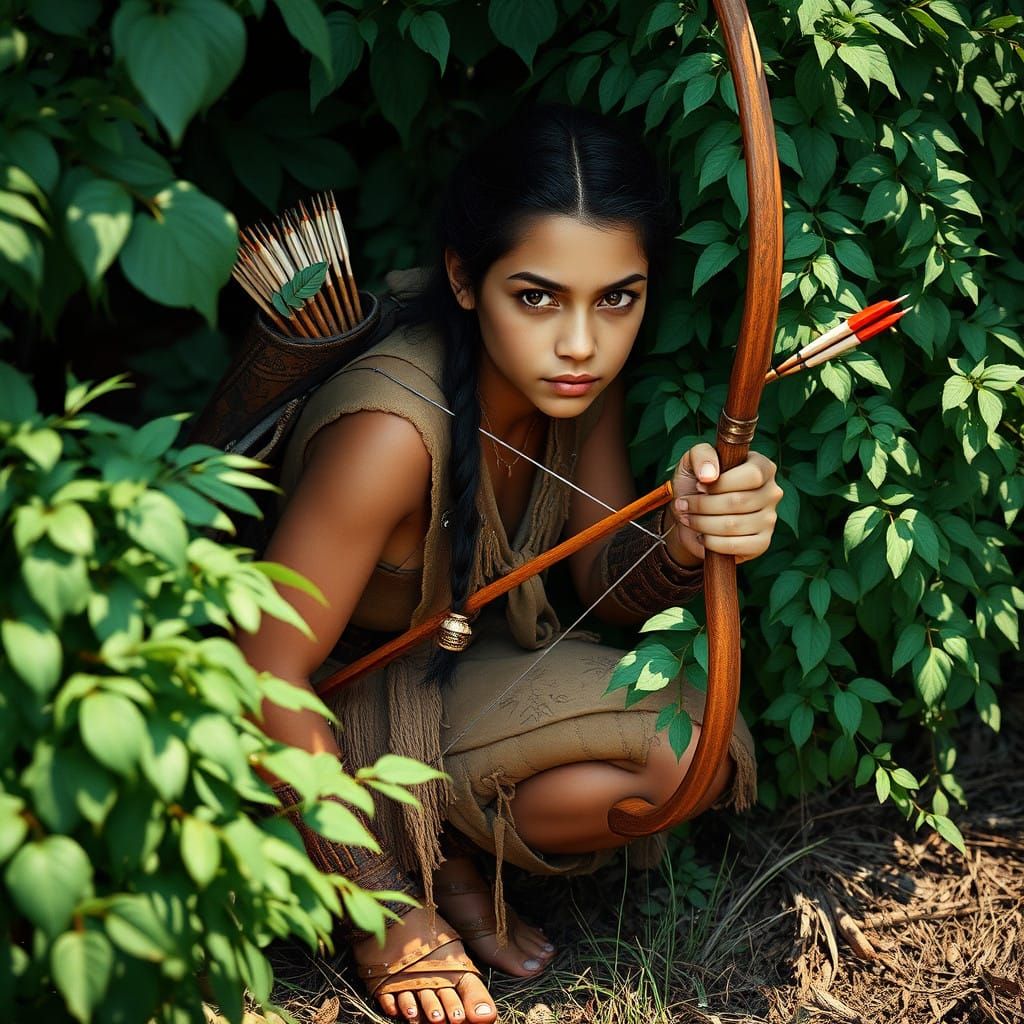 Native American Warrior Maiden in Earth-Toned Deerskin Attir...