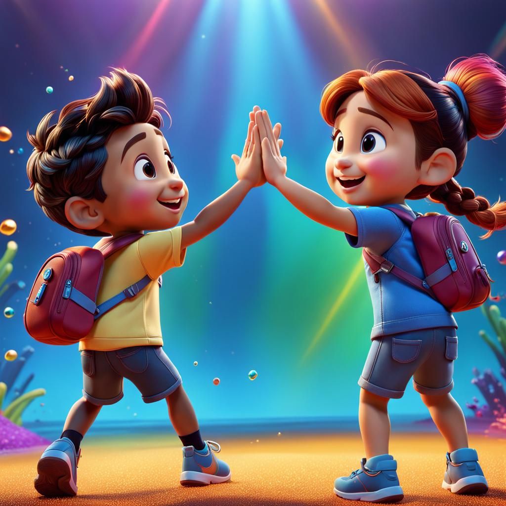 Kids High Five in Hyperrealistic 3D Style