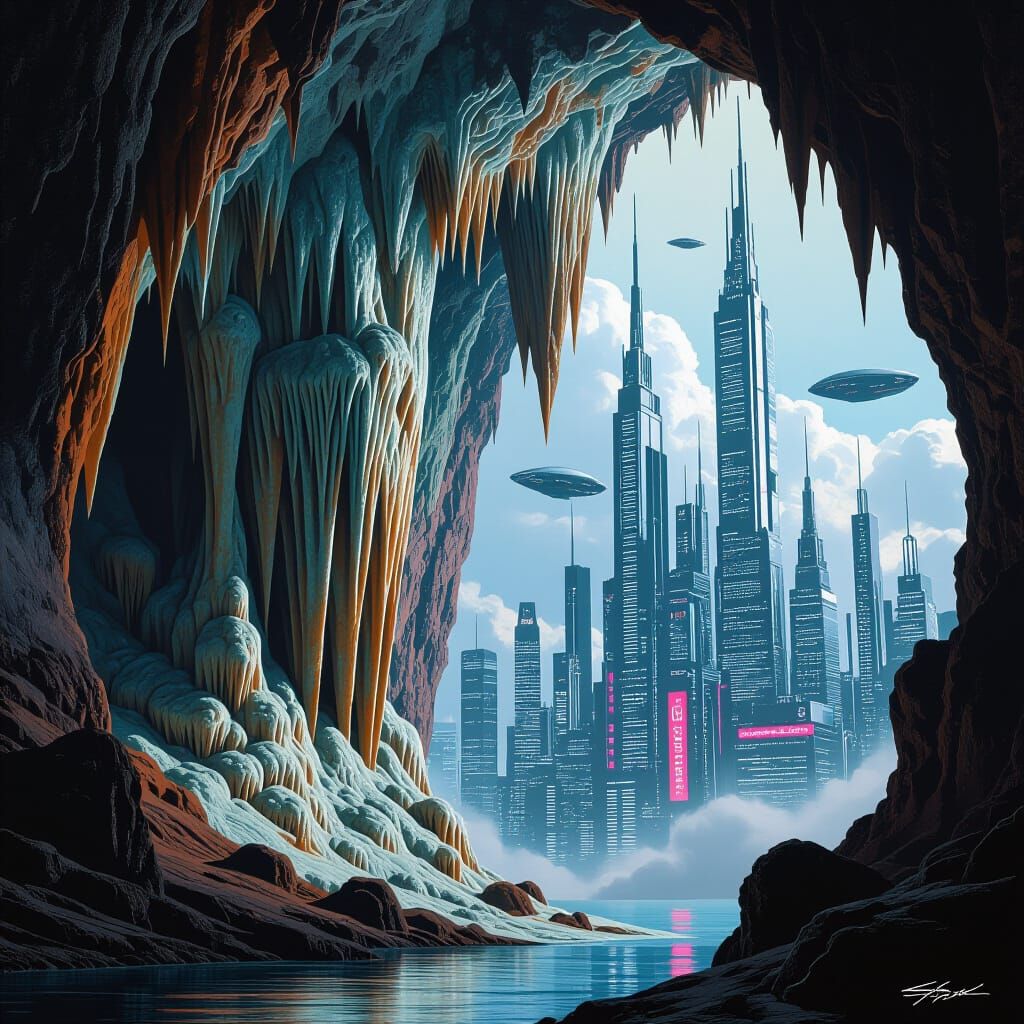 Futuristic Cityscape Emerges from Massive Cave in Cyberpunk ...