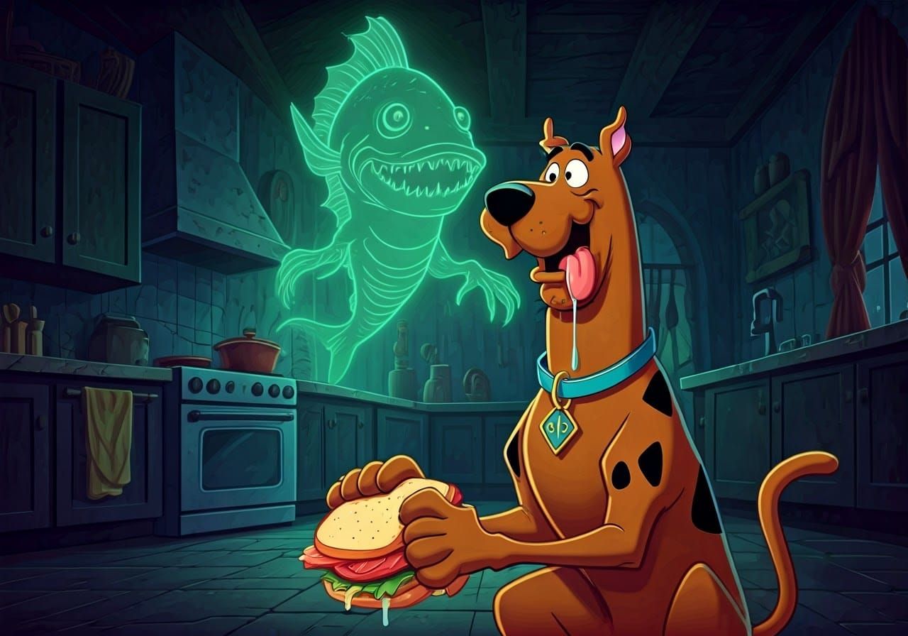 Scooby Doo in a Greedy Cartoon Scene with a Haunted House Ki...