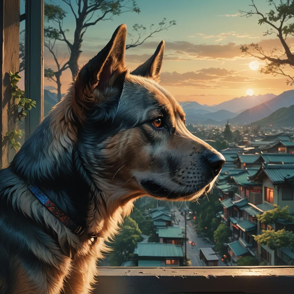 Dog Gazing at Asian City, Pixiv Anime Art