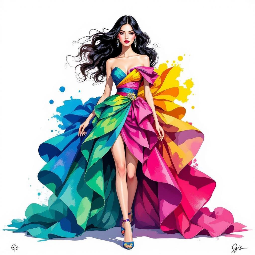 Vibrant Mixed Media Fashion Illustration: Woman in Couture G...