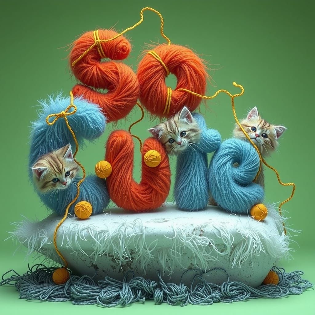 Fuzzy Yarn Sculpture of "So Cute" with Kittens