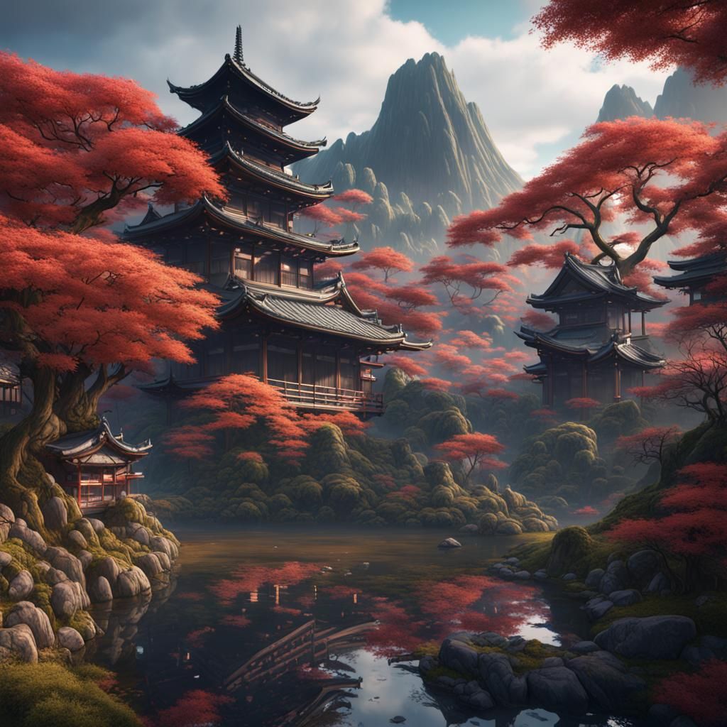Detailed Japanese Landscape in Deep Color
