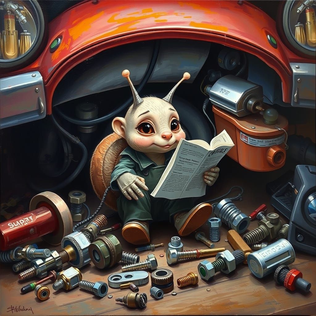 Snail Mechanic's Car Repair in Oil Painting Style