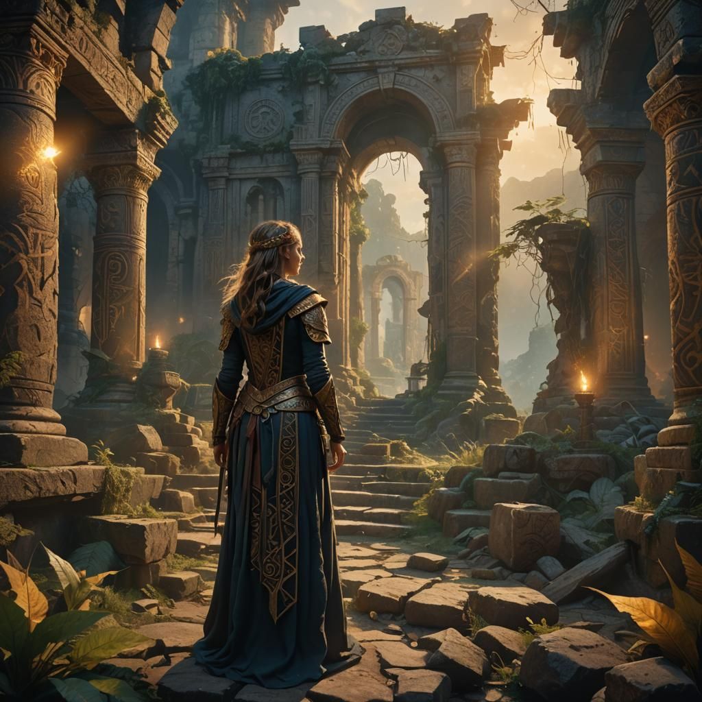 Sorceress in Mystical Ruins: Oil Painting Style