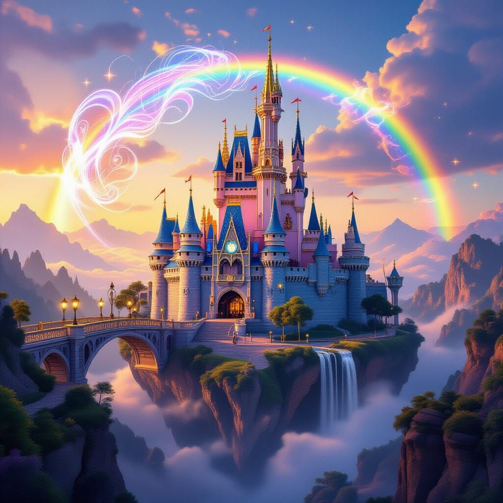 Majestic Rainbow Castle on Floating Island with Magical Brid...