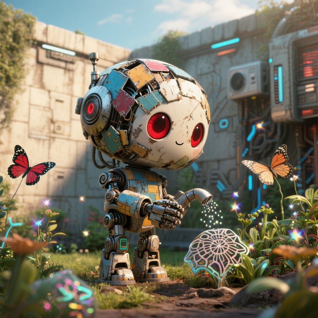 Chibi Robot Waters Fractal Plants in Cybernetic Garden