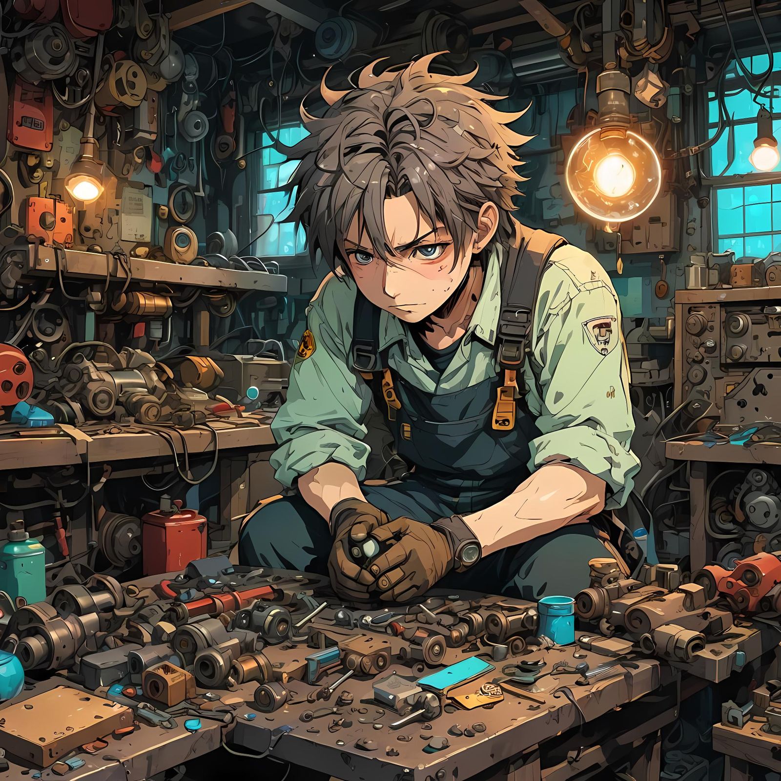 Depressed Aetherpunk Anime Mechanic in Junk Shop