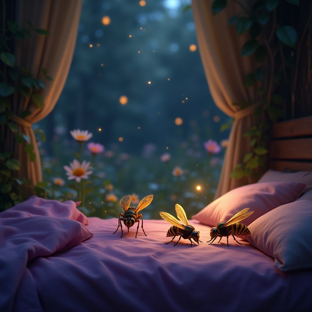 Golden Wasps in Forest Bedroom, Photorealistic Style