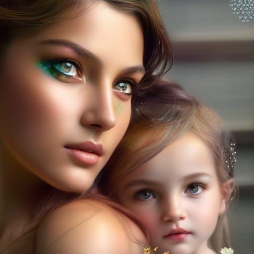 Touching Mother-Daughter Portrait in Mixed Media Style