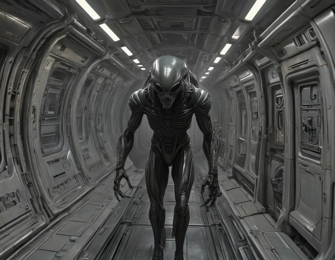 Menacing Alien Stalks Spaceship Corridor