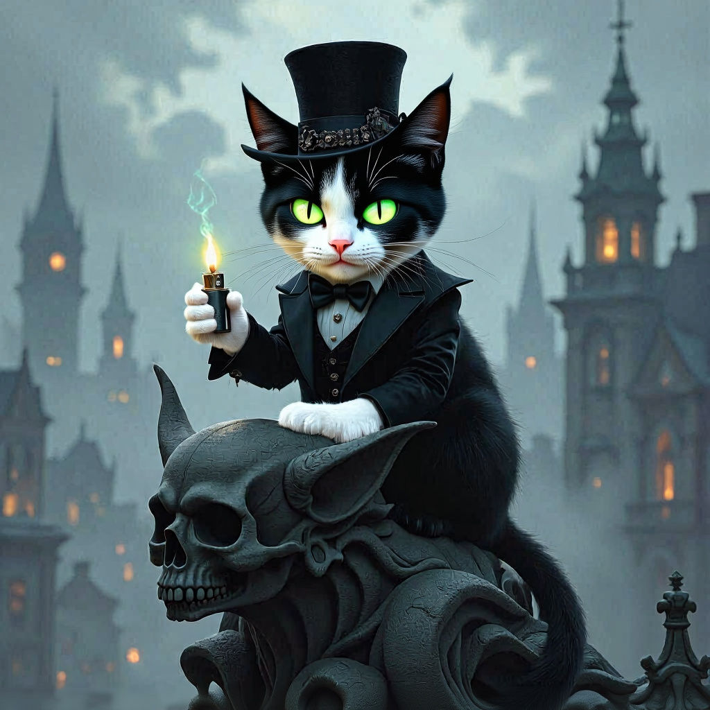 Gothic Vampire Cat on Gargoyle Overlooking City