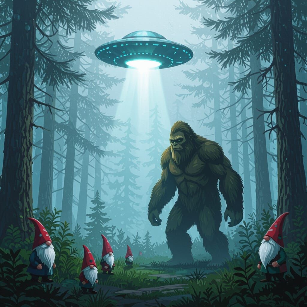 Bigfoot, UFO, and Gnomes in Whimsical Forest