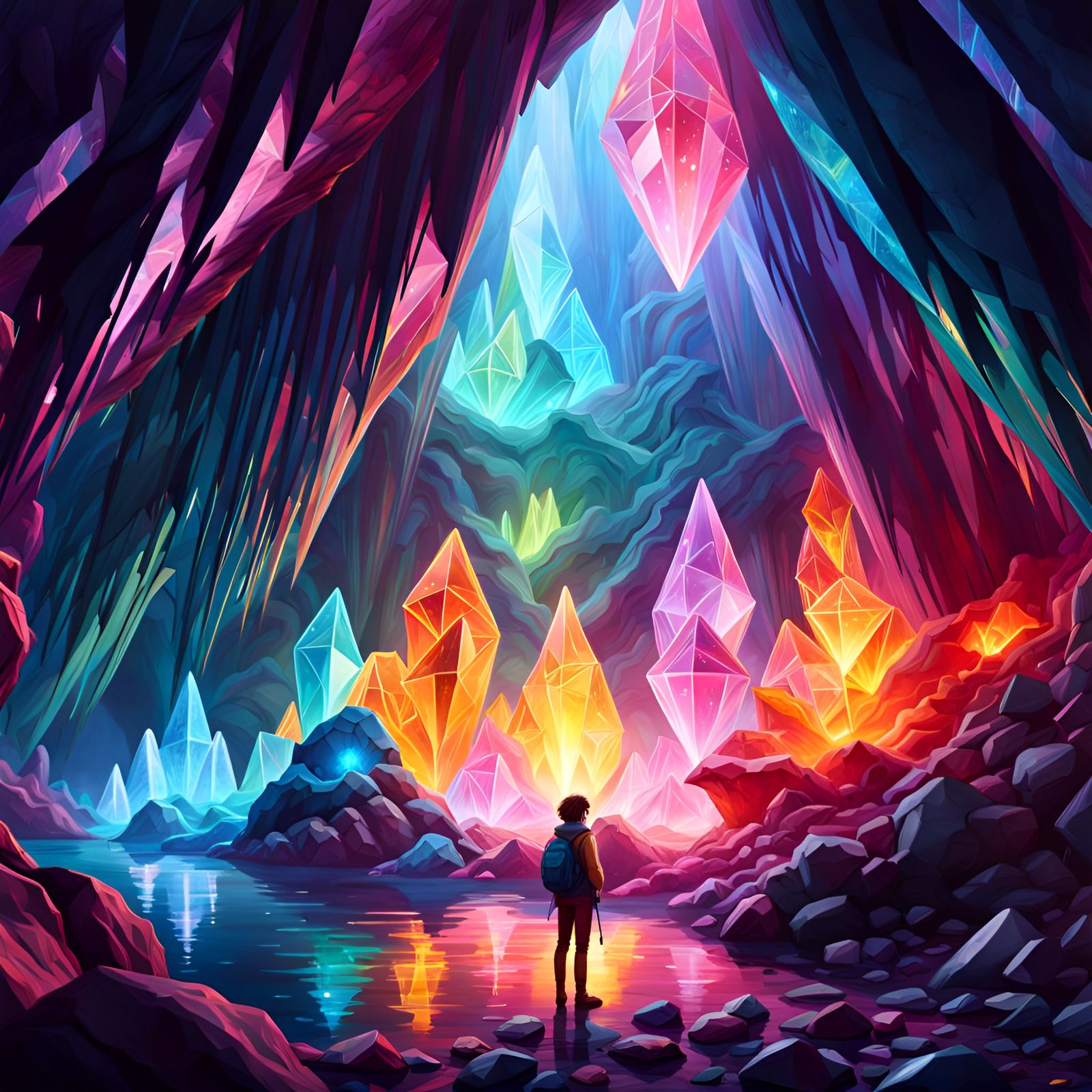 Starlit Crystal Cave Discovery in Hyperdetailed Digital Art