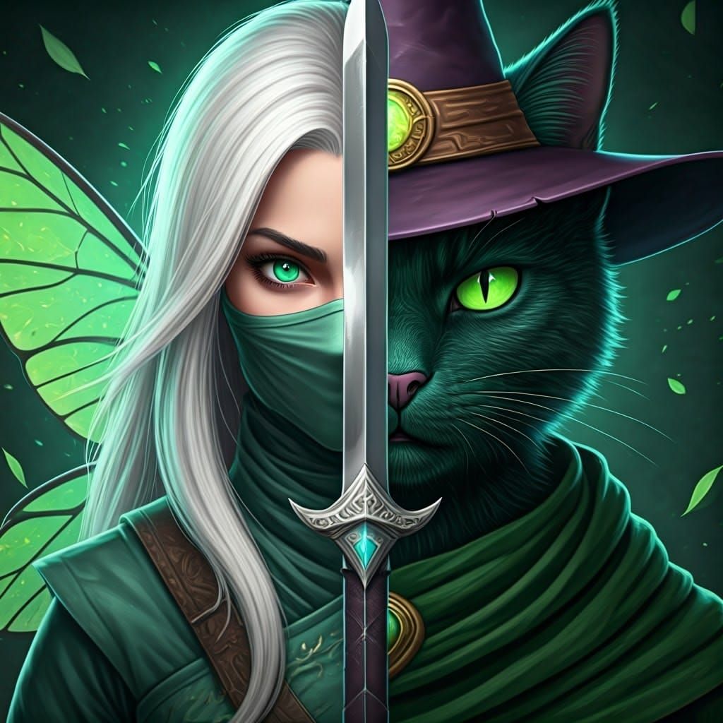 Fantasy Portrait of a Wizard Cat and Fairy Duality