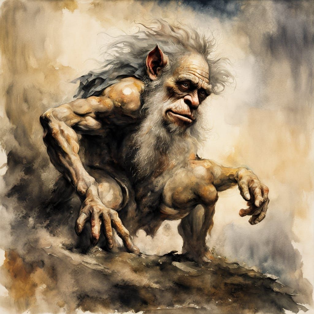 Troll in Watercolor Style with Chiaroscuro Lighting