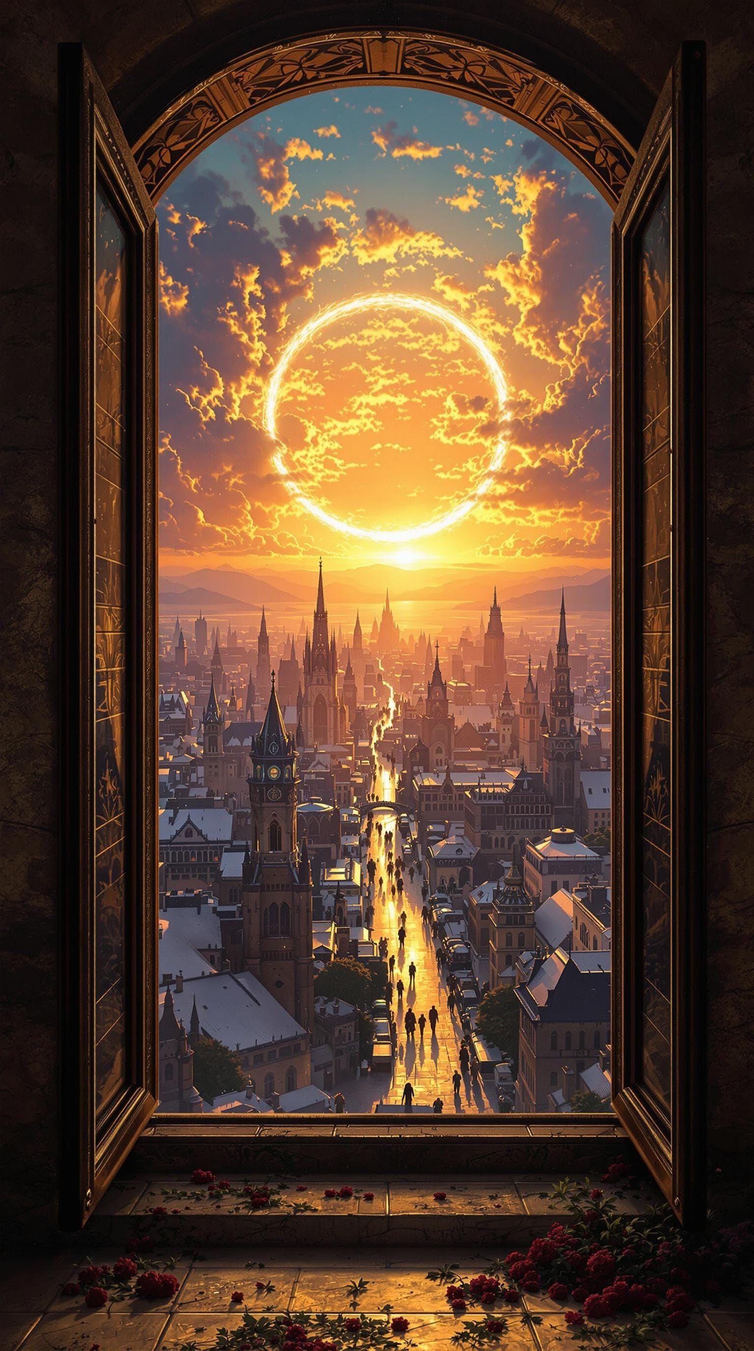 Grand Fantasy Cityscape at Sunset in Hyperrealistic Style