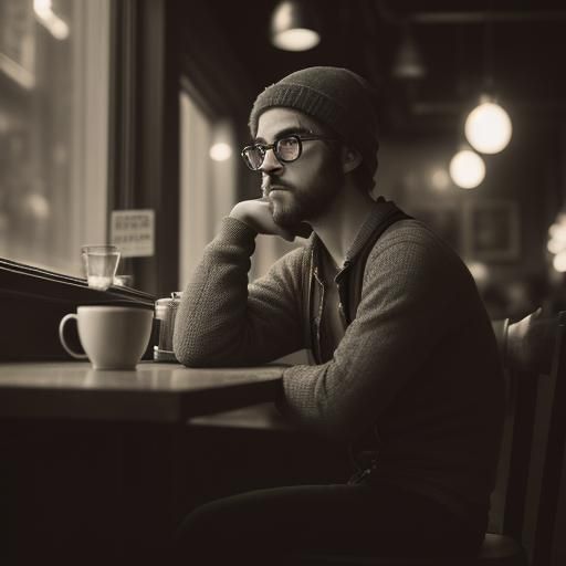 Hipster in Coffee Shop: Hyperrealistic Image