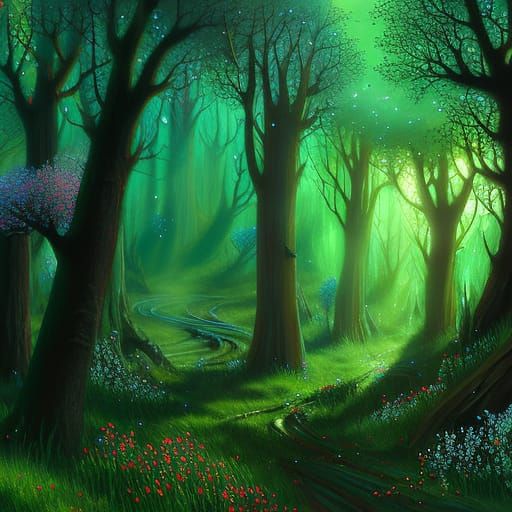 Enchanted Train Through Pointillist Forest, Detailed Matte P...