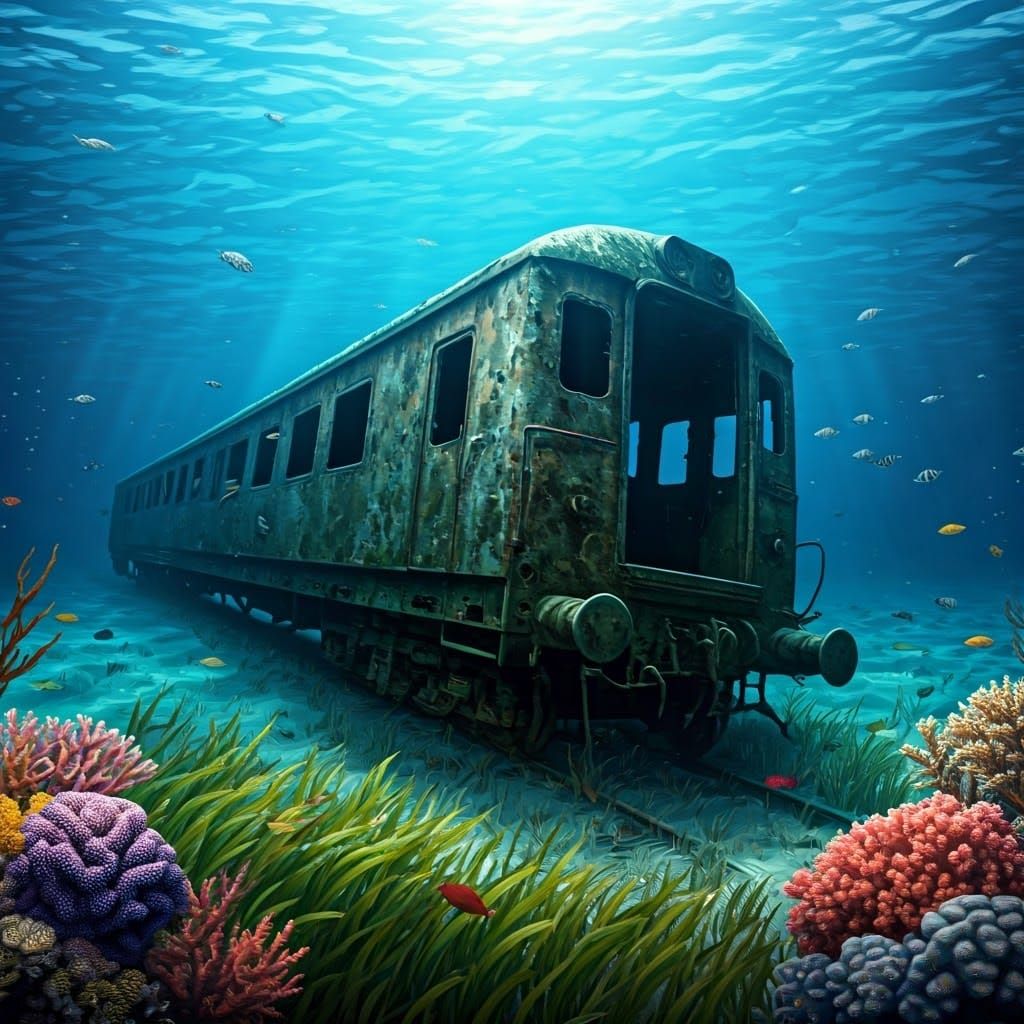 Abandoned Train Wreckage on Vibrant Coral Reef