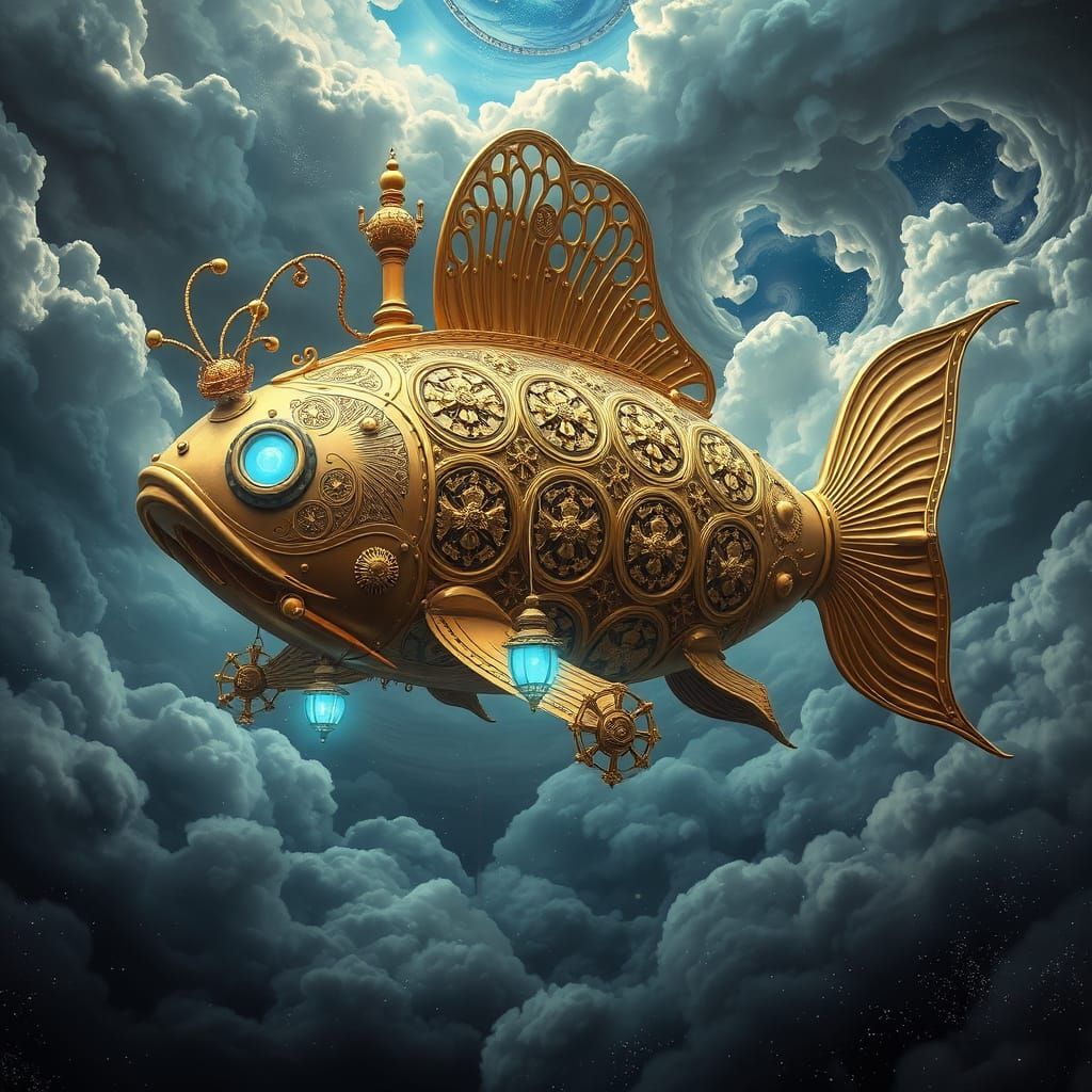 Goldfish Steampunk Airship in Turbulent Sky