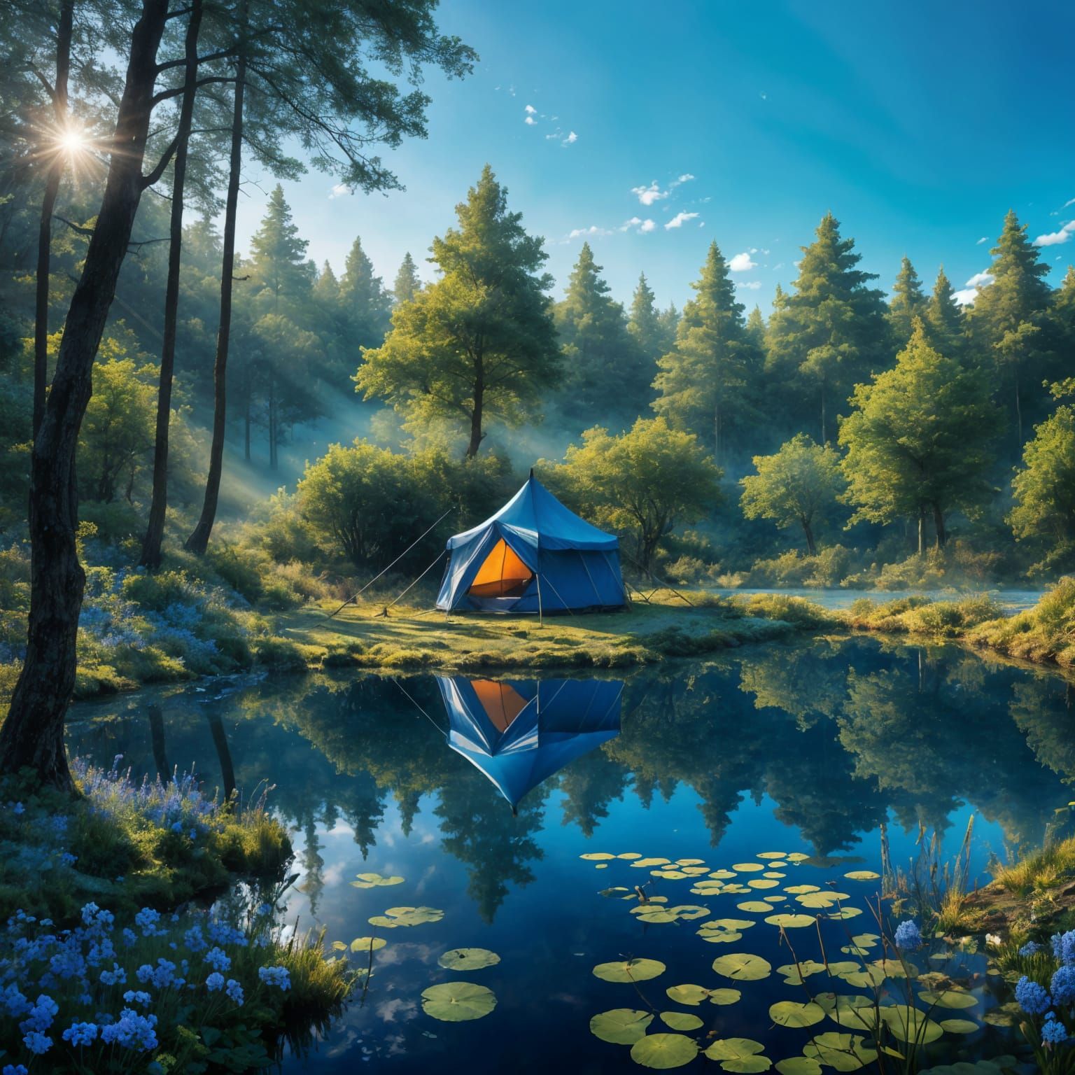 Blue Pond and Tent at Sunset: Fantasycore Art