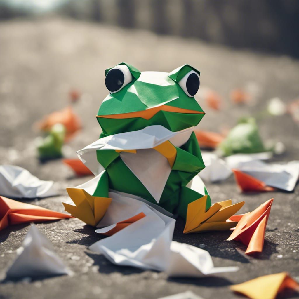 Frog Eating Garbage Bag in Alleyway as Origami