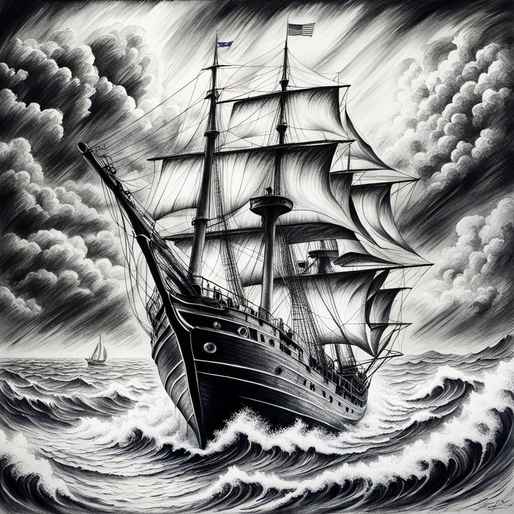 Charcoal Drawing: Man Sailing Ship on Stormy Sea
