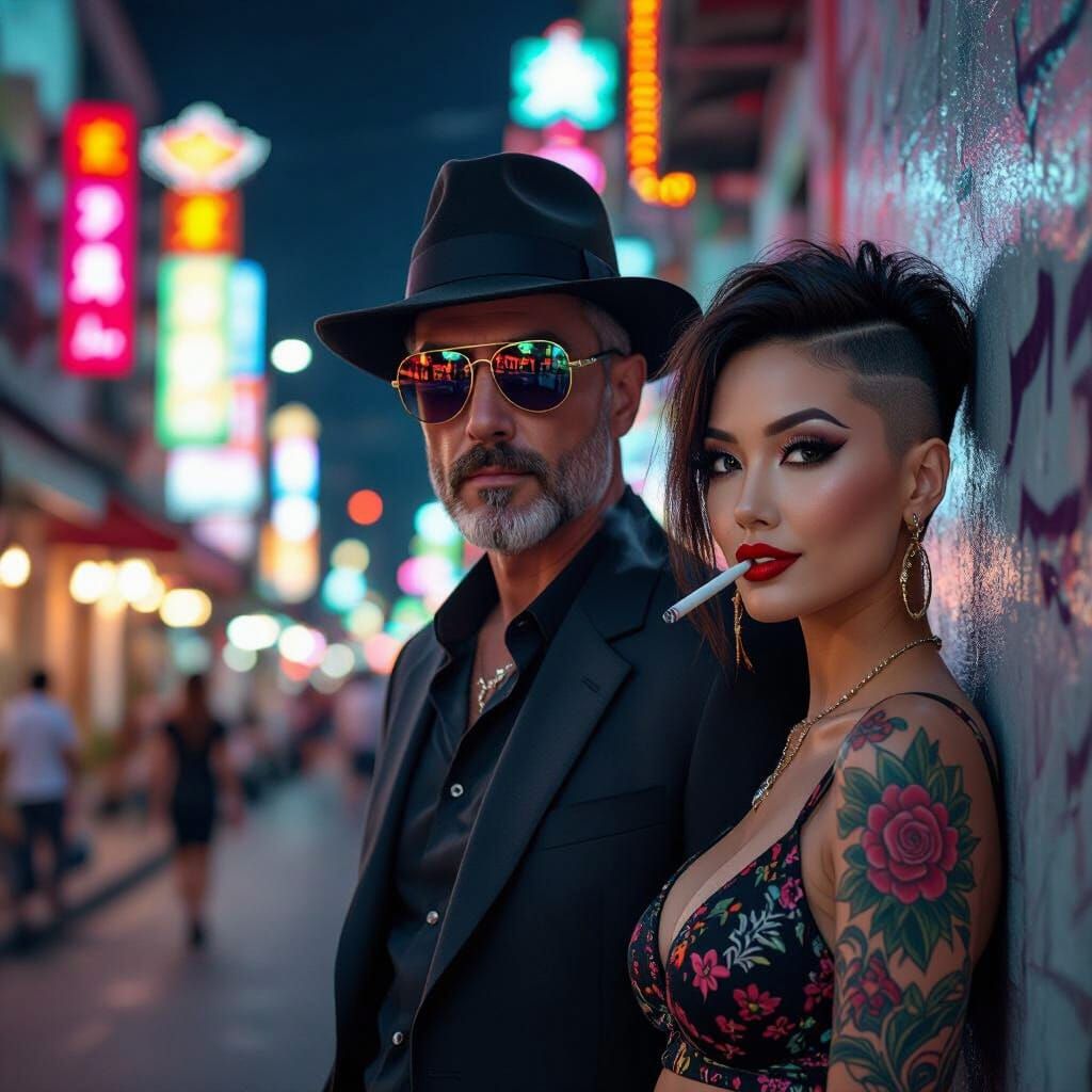 Pattaya Walking Street at Night in Cartoon Style