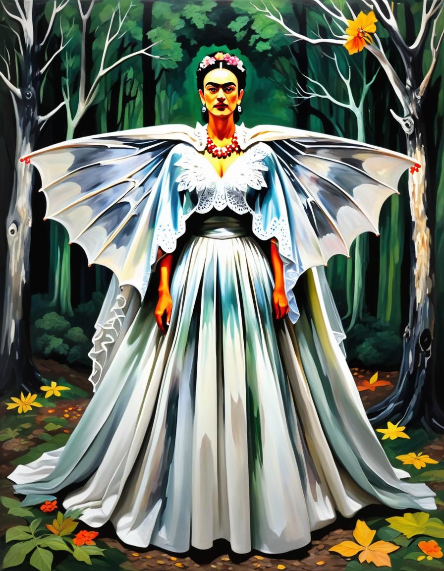 Bride in Bat Wing Dress in Haunted Forest