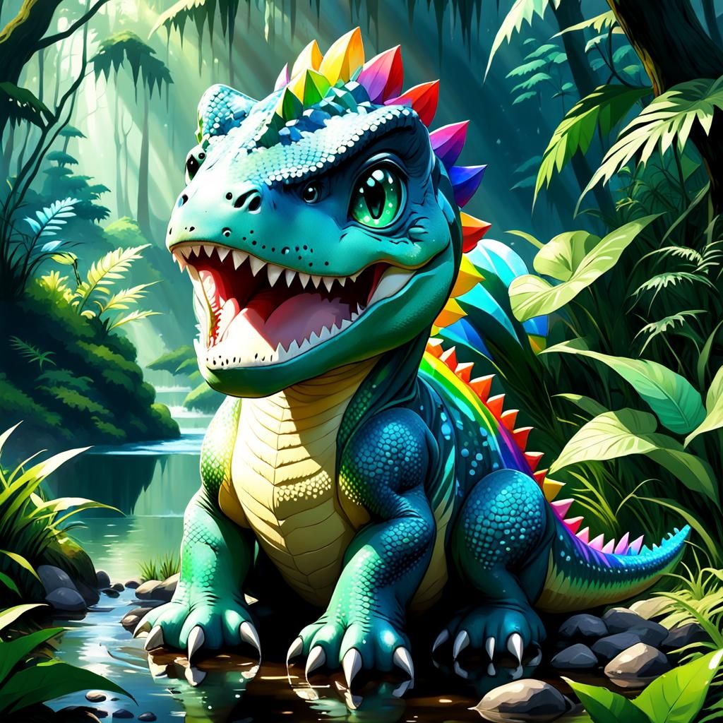 Chibi Baby and T-Rex in Whimsical Forest