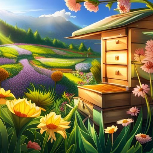 Bee and Beehive in Anime Style Flower Garden