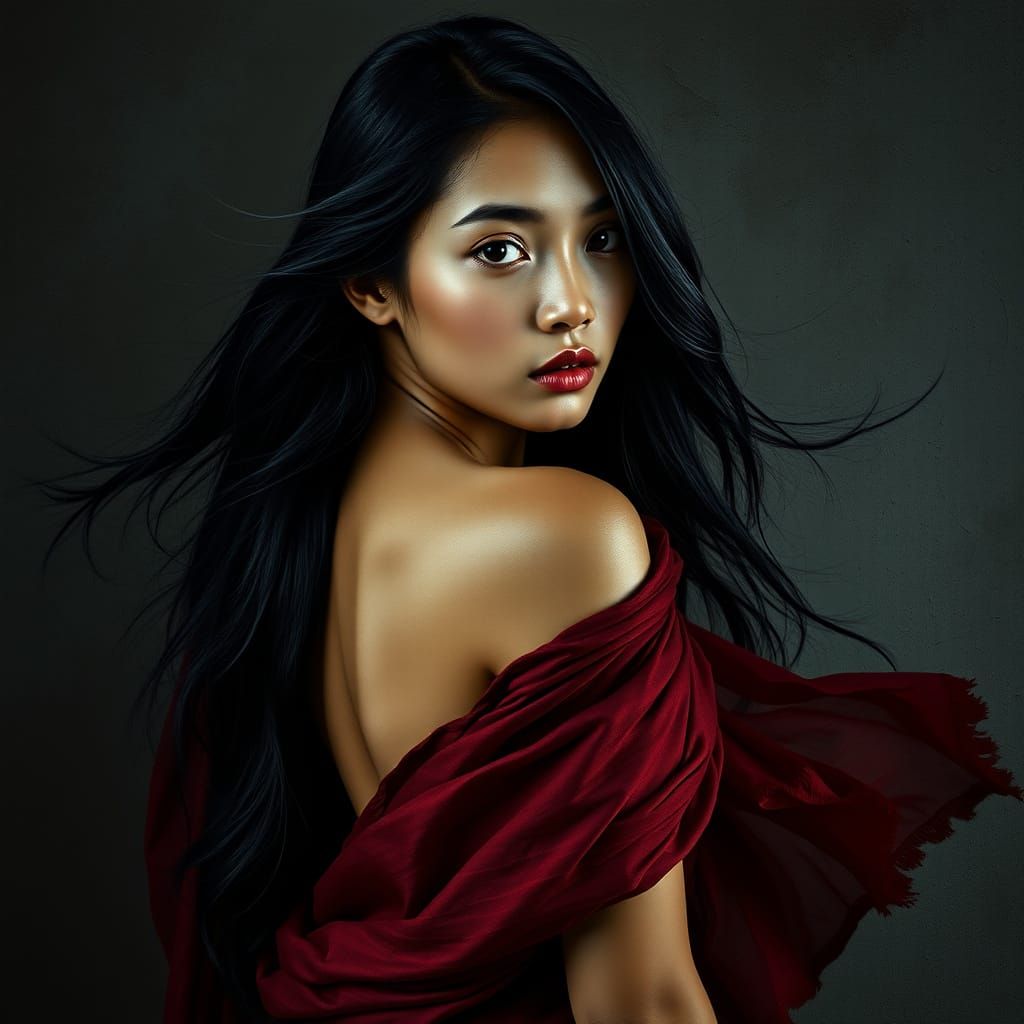 Ethereal Goddess in Burgundy Fabrics, Hyper-Realistic Portra...