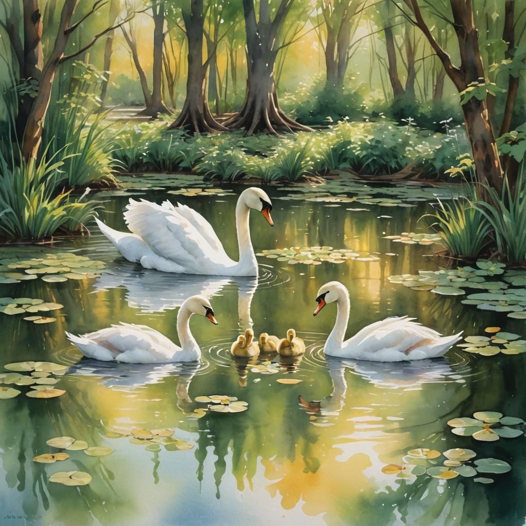 Watercolor Swans and Ducklings in Golden Light