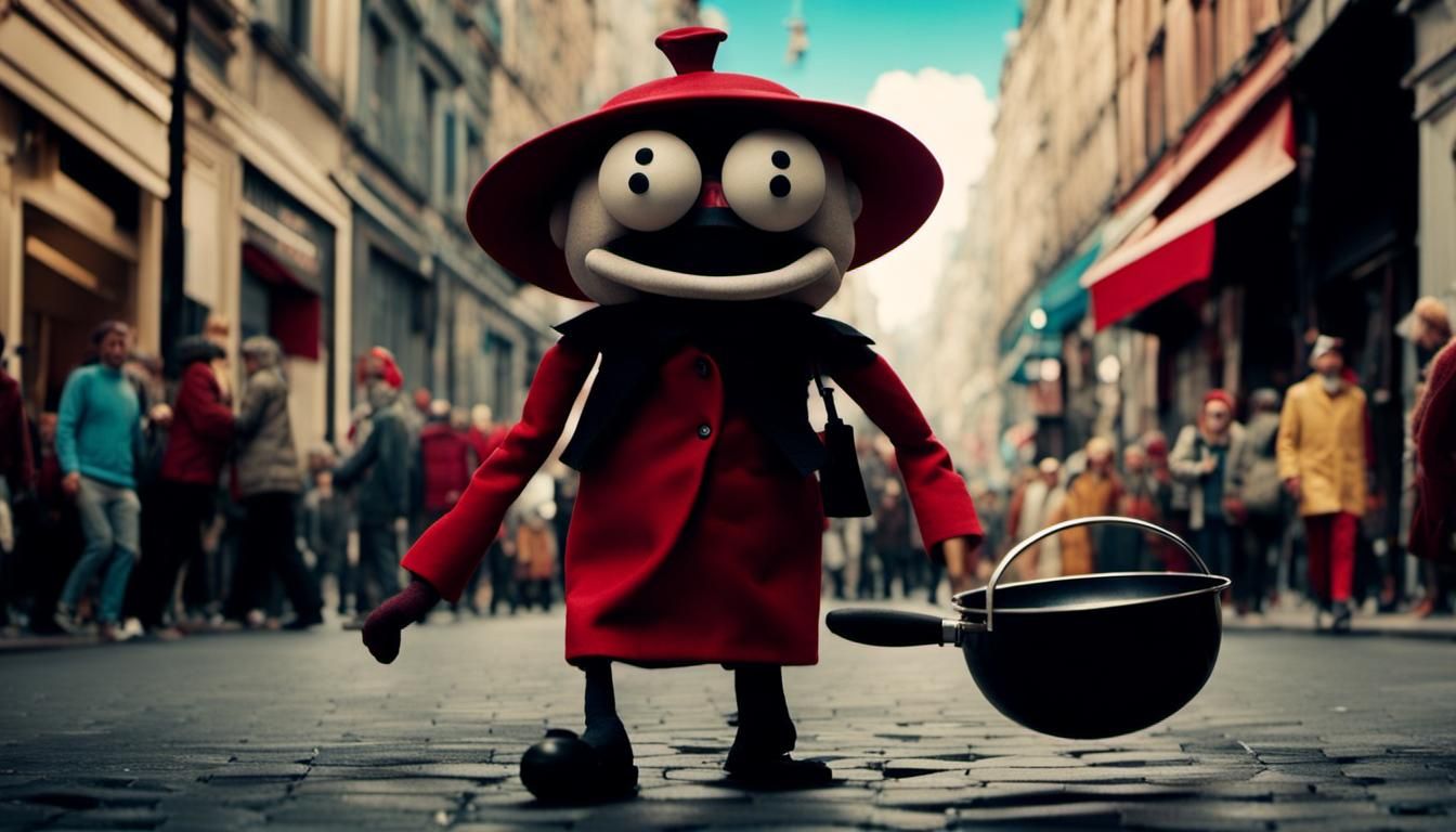 Surreal Puppet with Frying Pan Face in City