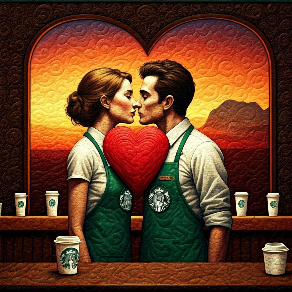 Surrealist Quilted Art: Starbucks Lovers Kissing