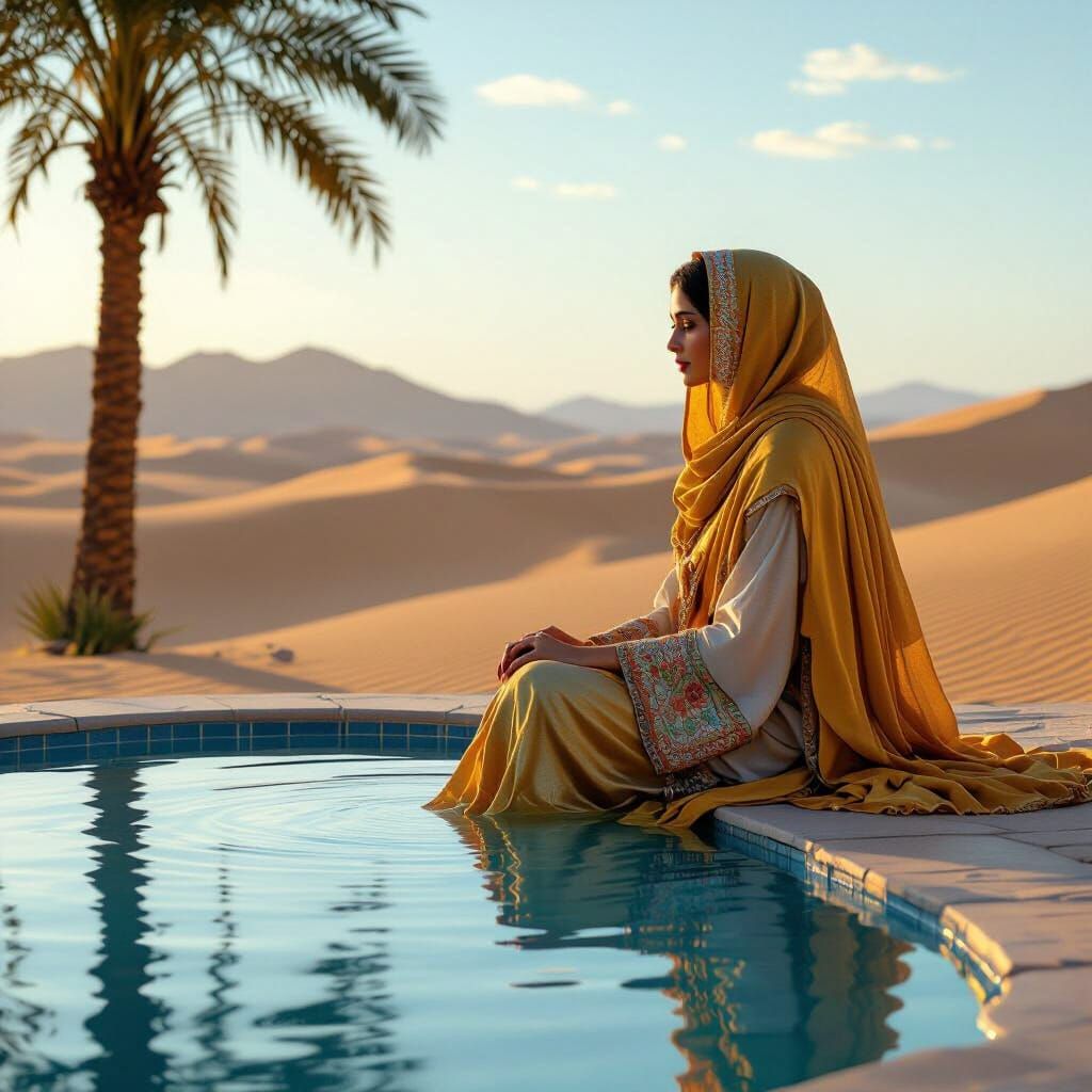 Nomad Woman at Desert Oasis in Hyperrealism