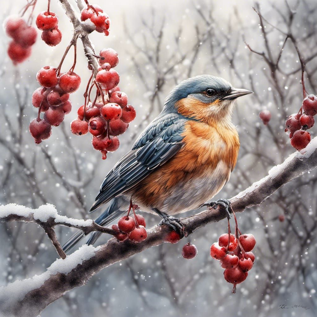 Bird with Red Berries: Watercolor Pencil Sketch